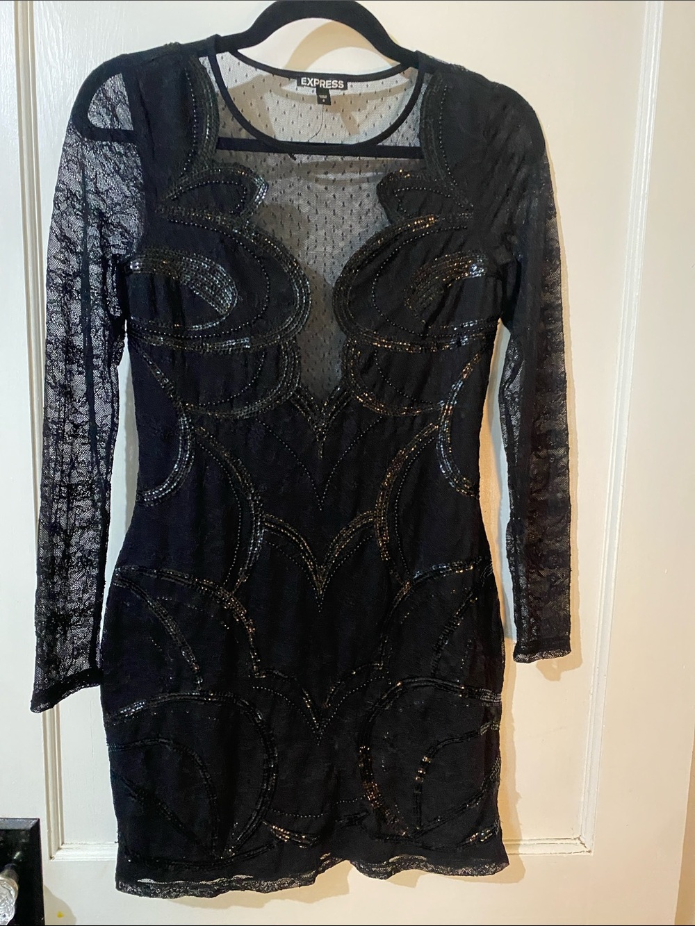 Express Black Beaded Lace Long Sleeve Cocktail Dress